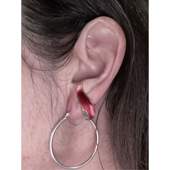 Aksel Holmsen Norway Vintage Red Guilloche Enamel Sterling Silver Vtg Earrings - Picture 7 of 10